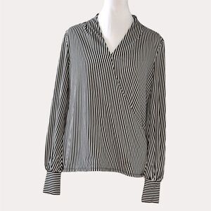 Adrianna Papell Faux Wrap Slinky Knit Blouse Stripe V-Neck Black White S
